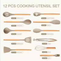 12-Piece Silicone Kitchen Utensils Set with Wooden Handles – Heat-Resistant Non-Stick Cooking Tools, Khaki | Everyday Home Deal