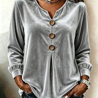 Elegant V-neck Buttoned Long-sleeve Velvet Blouse For Women