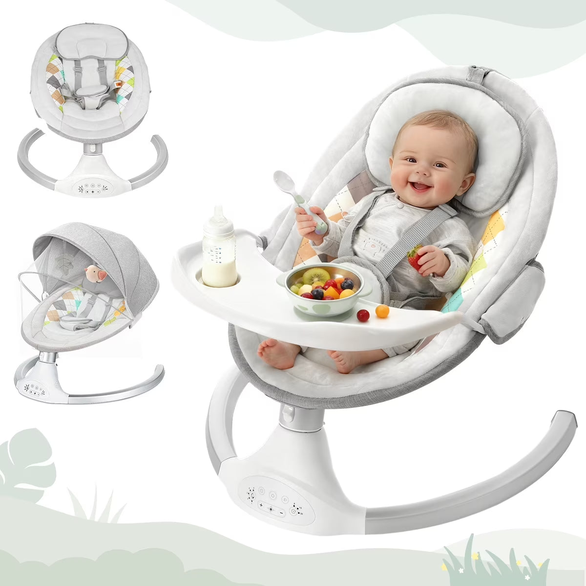 Baby Swing for Infants, Baby Rocker with Dinner Plate, 5 Swing Speeds, Adapter Battery Operated, Indoor,Outdoor, Grey