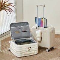 Front Opening Luggage Compartment With Front Open Tray And 20 Inch Cabin, Expandable Folding Cup Holder, Hidden Phone Holder, Dual USB Chargers. Travel Carrier
