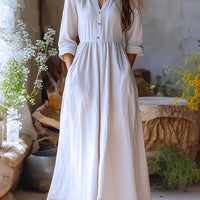 Womens Solid-color Long-sleeve Retro Cotton-linen Dress