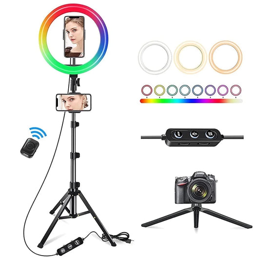 13" LED RGB Selfie Ring Light Mini & Extendable Tripod Stand & Phone Holder 10 Brightness Level 26 Light Modes Dimmable Ringlight,For Makeup Live Streaming Youtube Video Shooting