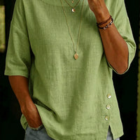 Asymmetrical Button Design Round Neck Loose-fitting Casual Top