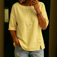 Asymmetrical Button Design Round Neck Loose-fitting Casual Top