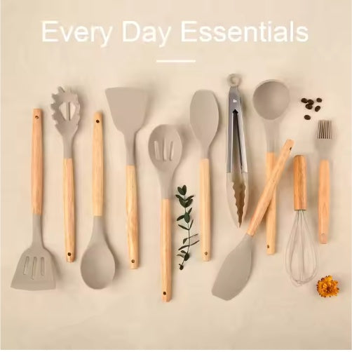 12-Piece Silicone Kitchen Utensils Set with Wooden Handles – Heat-Resistant Non-Stick Cooking Tools, Khaki | Everyday Home Deal
