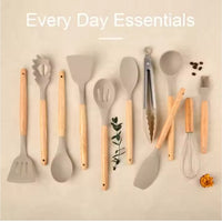 12-Piece Silicone Kitchen Utensils Set with Wooden Handles – Heat-Resistant Non-Stick Cooking Tools, Khaki | Everyday Home Deal