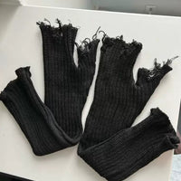 1pair Black Tattered Punk Unisex Fingerless Cuff Knit Gloves