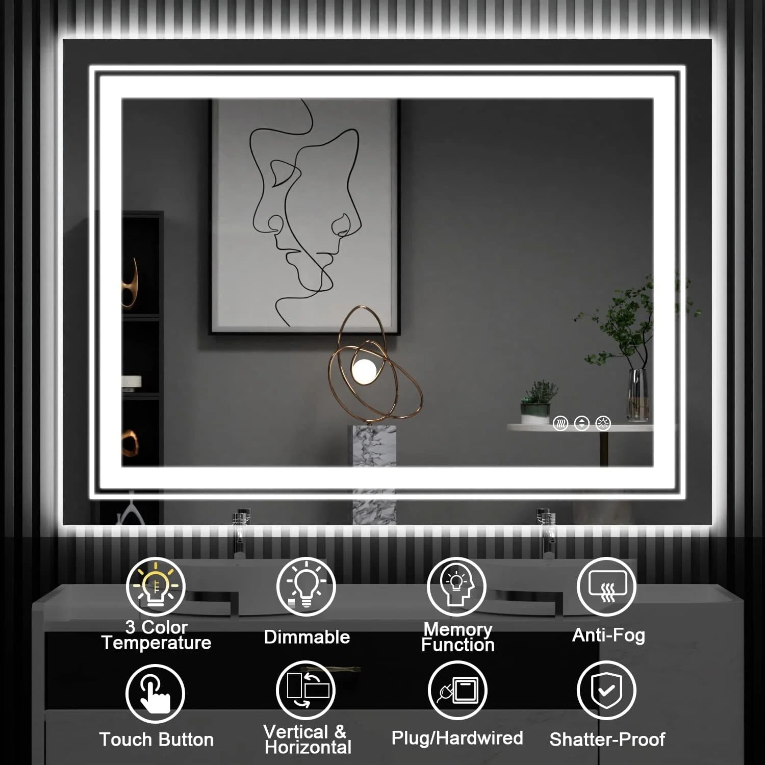 72"X32" Wall Mounted Vanity Mirror LED Bathroom Mirror with Lights, Front Light & Backlit, Anti-Fog, 3 Colors Dimmable Memory Function