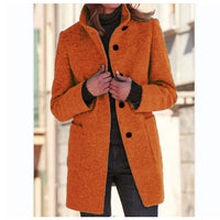 Fashion Stand Collar Woolen Coat With Pockets Fall Winter Casual Button Outwear For Women Clothing
