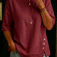 Asymmetrical Button Design Round Neck Loose-fitting Casual Top