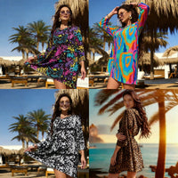 Printed Beach Three Quarter Sleeve One Piece Swimsuit Cover Up