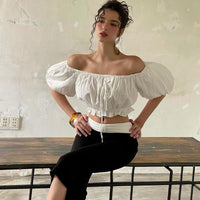 Street Girl Style One-shoulder Pleated Bubble Short-sleeved Shirt