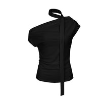 Fashionable Off-shoulder Pleated Halterneck T-shirt