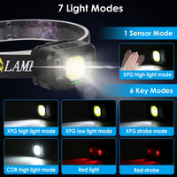 2Packs Rechargeable Motion Sensor Headlamp 6 Light Modes COB XPG Headlight Torch Flashlight For Fishing Running Camping Hiking