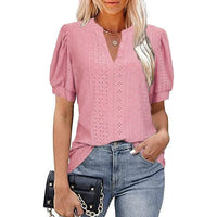 Spring & Summer Casual V-neck Solid Color Hollow-out Puff Sleeve Loose T-shirt Summer Shirt For Women