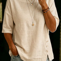 Asymmetrical Button Design Round Neck Loose-fitting Casual Top