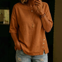 Asymmetrical Button Design Round Neck Loose-fitting Casual Top