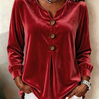 Elegant V-neck Buttoned Long-sleeve Velvet Blouse For Women