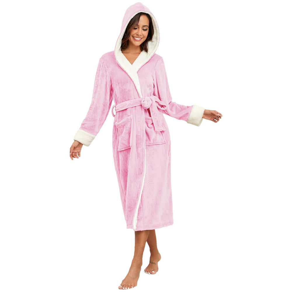 RONGTAI Women’s Long Fleece Bathrobe – 300 GSM Hooded Flannel Robe with Belt & Oversized Pockets, Warm Plus-Size Loungewear | Everyday Home Deal