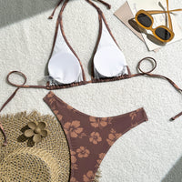 Women's Brown Hibiscus Floral Triangle Bikini Set, Tie-Side Halter Top & Cheeky Bottom, 2 Piece Tropical Swimsuit