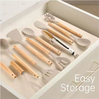 12-Piece Silicone Kitchen Utensils Set with Wooden Handles – Heat-Resistant Non-Stick Cooking Tools, Khaki | Everyday Home Deal