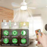 1Pc Socket Fan Light 12W Ceiling Fan With Lights Dimmable LED Ceiling Fan With 3 Fan Speed Stepless Brightness And Color Temperature Smart Timer Remote Control