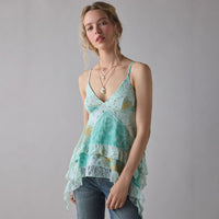 Retro Floral Chiffon Slimming Lace Flounce Strap Top