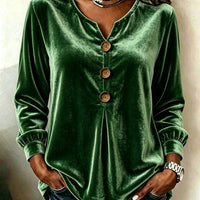 Elegant V-neck Buttoned Long-sleeve Velvet Blouse For Women