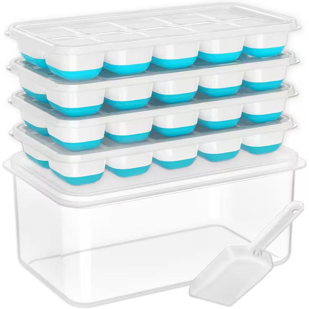 4-Pack White Ice Cube Tray with Lid and Bin, Silicone Ice Cube Trays for Freezer, Stackable Ice Bucket Kits