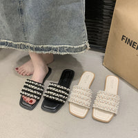 Pearl-embellished Flat Slide Sandals For Women