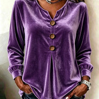 Elegant V-neck Buttoned Long-sleeve Velvet Blouse For Women
