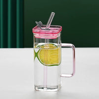 Pink Borosilicate Glass Cup with Straw & Lid | Square Drink Cup | Everyday Home Deal