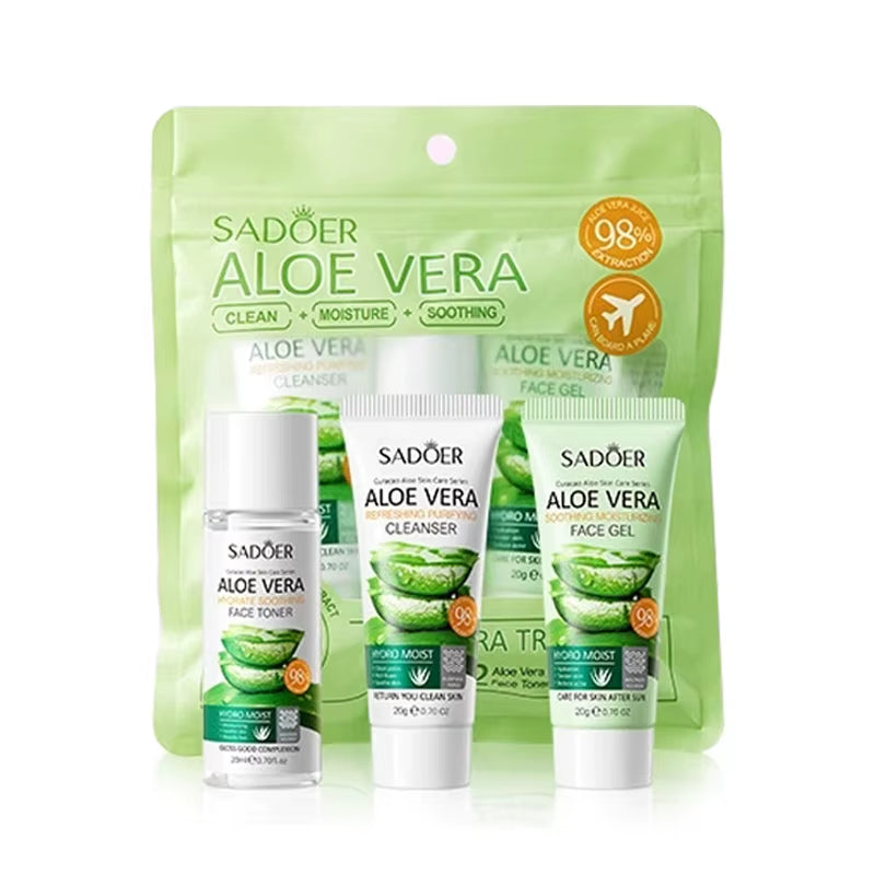 3Pcs Aloe Vera Skin Care Sets Face Wash Facial Cleanser Aloe Gel Toner Face Cream Moisturizing Anti-Aging Skin Care Kit