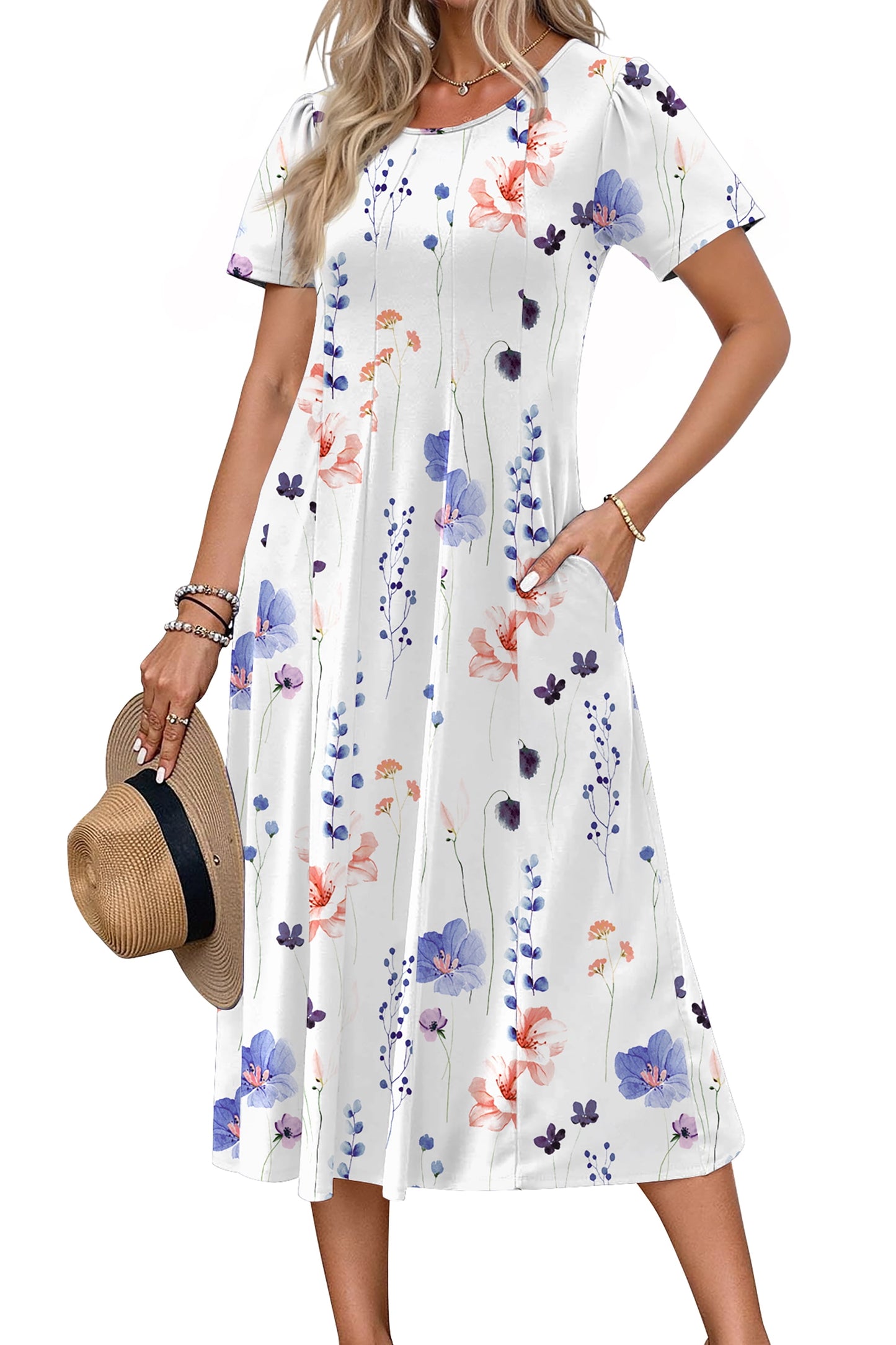 Summer Dresses for Women Casual Short Sleeve Pleated Dress Flowy Floral Dress with Pockets Flare Midi Sundress