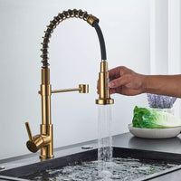 Brushed Gold Kitchen Sink Faucet One Handle Spring Hot and Cold Water Tap Deck Mounted Bathroom Kitchen Crane