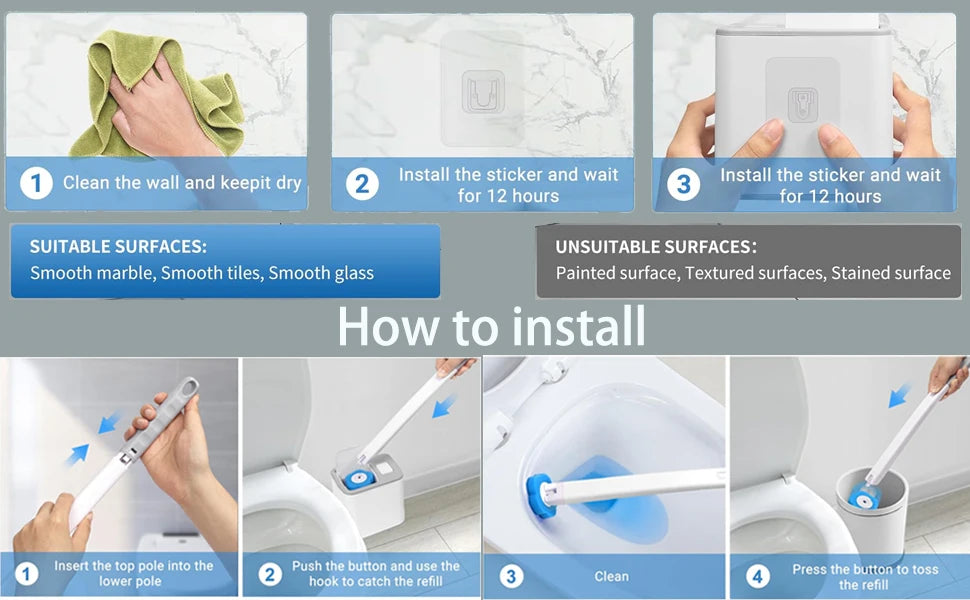 Toilet Brush and Holder Set with Disposable Refills Replacement Head Cleaning Kit Bathroom Cleaning Brush WC Accessories Tool | Everyday Home Deal