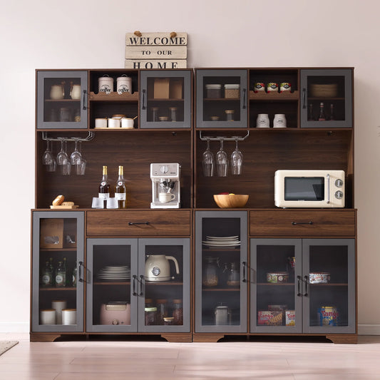 71" Kitchen Pantry Cabinet with Charging Station, LED Lights & Wine Rack, Tall Pantry Storage Cabinet with Glass Doors & Adjustable Shelves, Coffee Bar Cabinet, Brown