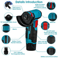 1Set 12V Cordless Mini Angle Grinder Hand Polishing Grinding Machine Cordless Cutter Grinding Tool With 7Pcs Disc 2Pcs 1100mAh Batteries And Charger Hex Key