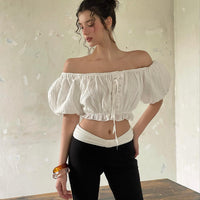 Street Girl Style One-shoulder Pleated Bubble Short-sleeved Shirt