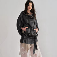 Ebony Brown PU Leather Cloak-Style Cape Jacket