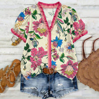 Retro-printed V-neck Blouse - Best Premium Deal | Everyday Home Deal