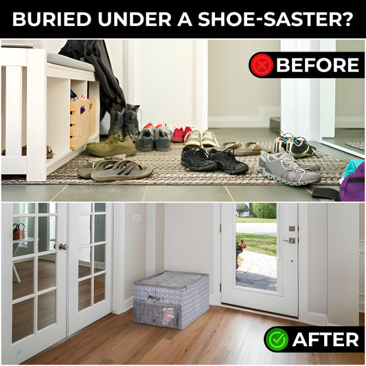 2 Packs Shoe Organizer for Closet, Sandal Organizer with Mesh Pocket, Shoe Storage Box W/Adjustable Dividers, and Clear Lid Cover, Shoe Storage Closet Fits up to 32 Pairs