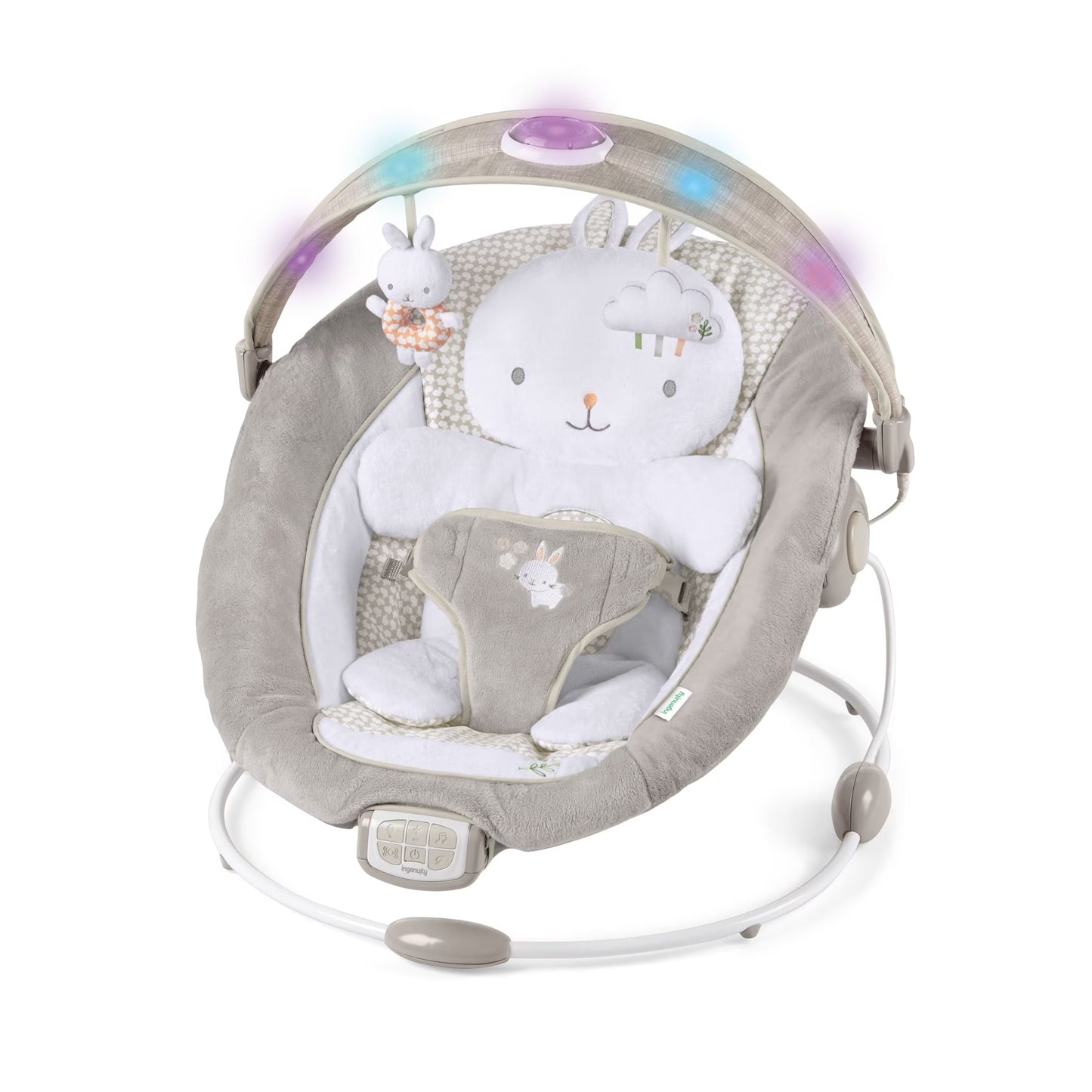 Inlighten Twinkle Tails Vibrating Infant Baby Bouncer with Lightning Toy Bar and Pillow