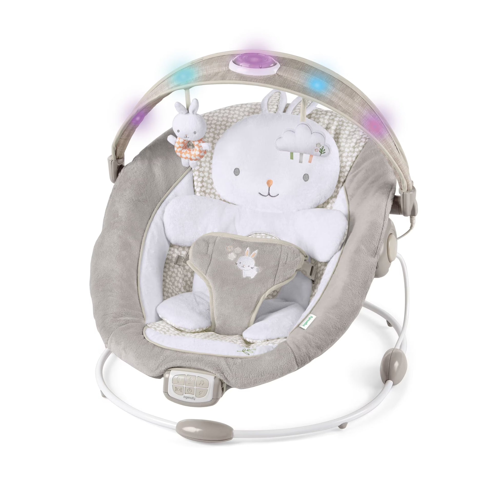 Inlighten Twinkle Tails Vibrating Infant Baby Bouncer with Lightning Toy Bar and Pillow