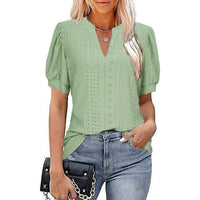 Spring & Summer Casual V-neck Solid Color Hollow-out Puff Sleeve Loose T-shirt Summer Shirt For Women