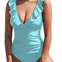 Belly One-piece V-neck Flounce Lace-up Multi-color Women's Swimsuit