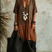 Casual Leopard-Print Colorblock V-Neck Dress