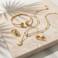 Women’s Gold Shell Jewelry Set – Stainless Steel Necklace, Bangle, Earrings & Ring | Everyday Home Deal
