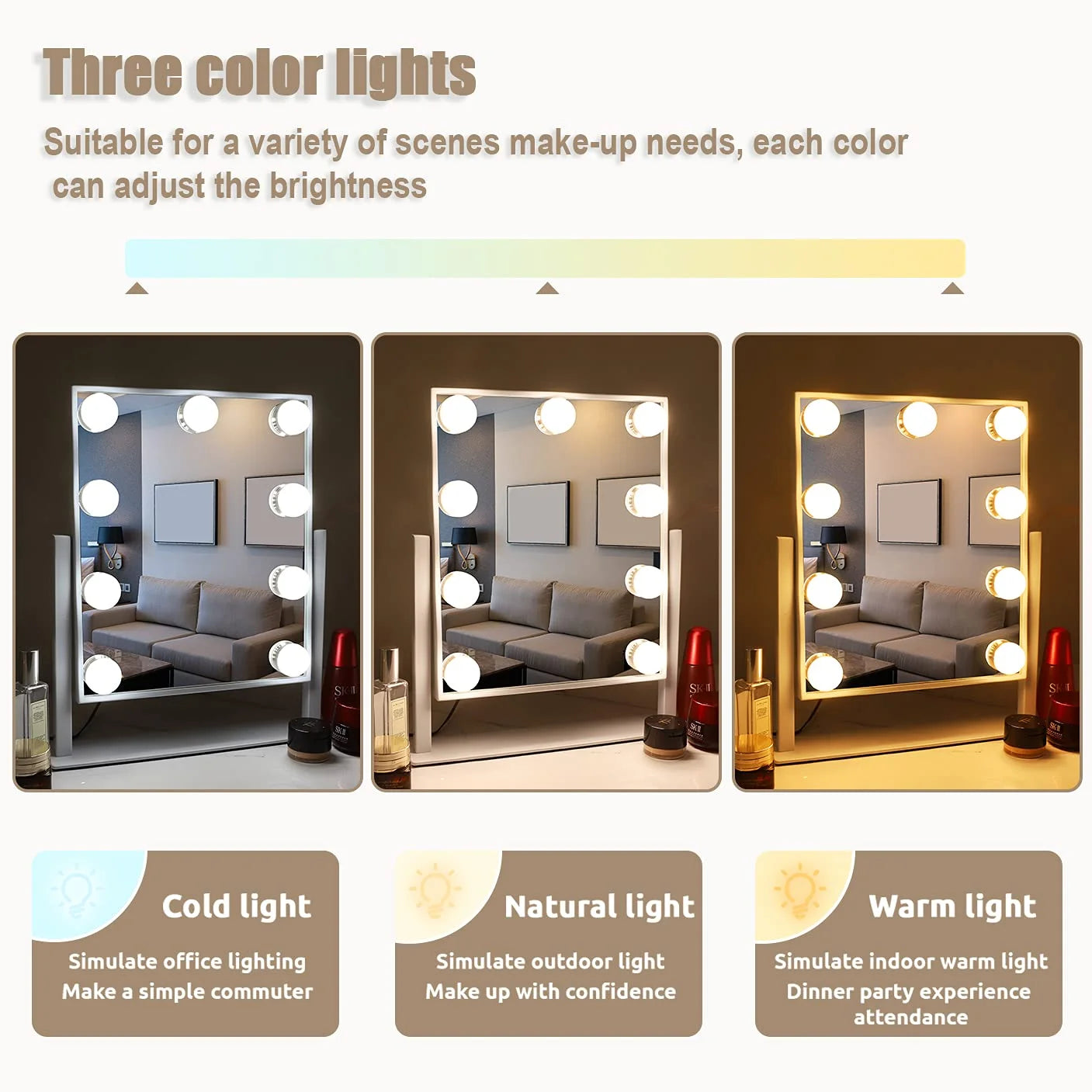 12''X14'' Vanity Makeup Mirror with Lights 360° Swivel Tabletop Metal White