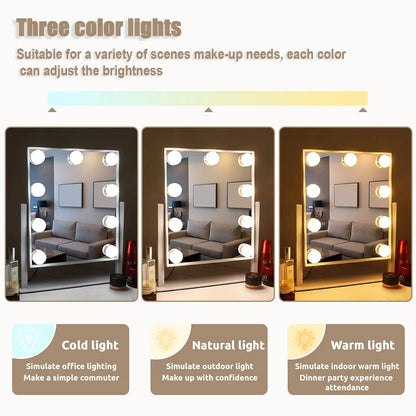 12''X14'' Vanity Makeup Mirror with Lights 360° Swivel Tabletop Metal White